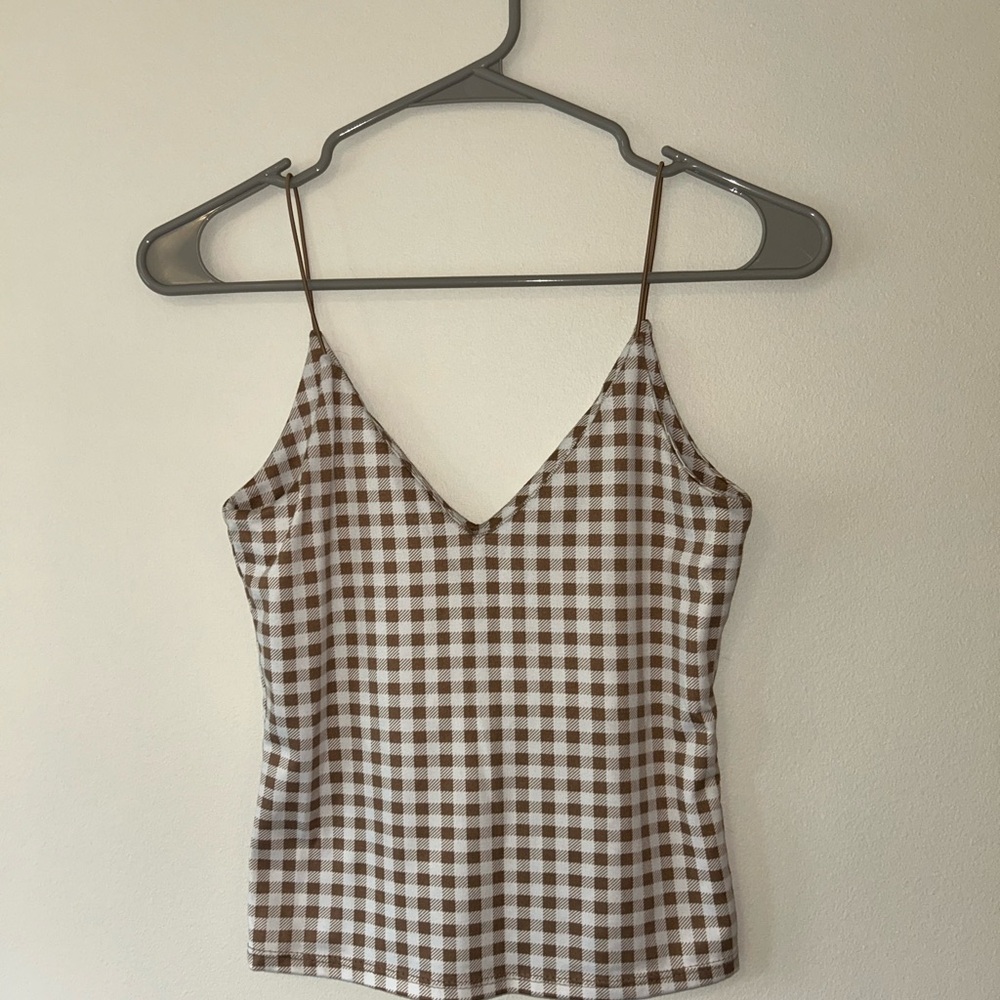 Crop Brown and White Checkered Women's Top